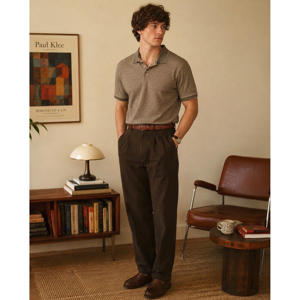 Arrow USA 1851 Mens L Brown Striped Knit Polo Y2K Grandpa Core